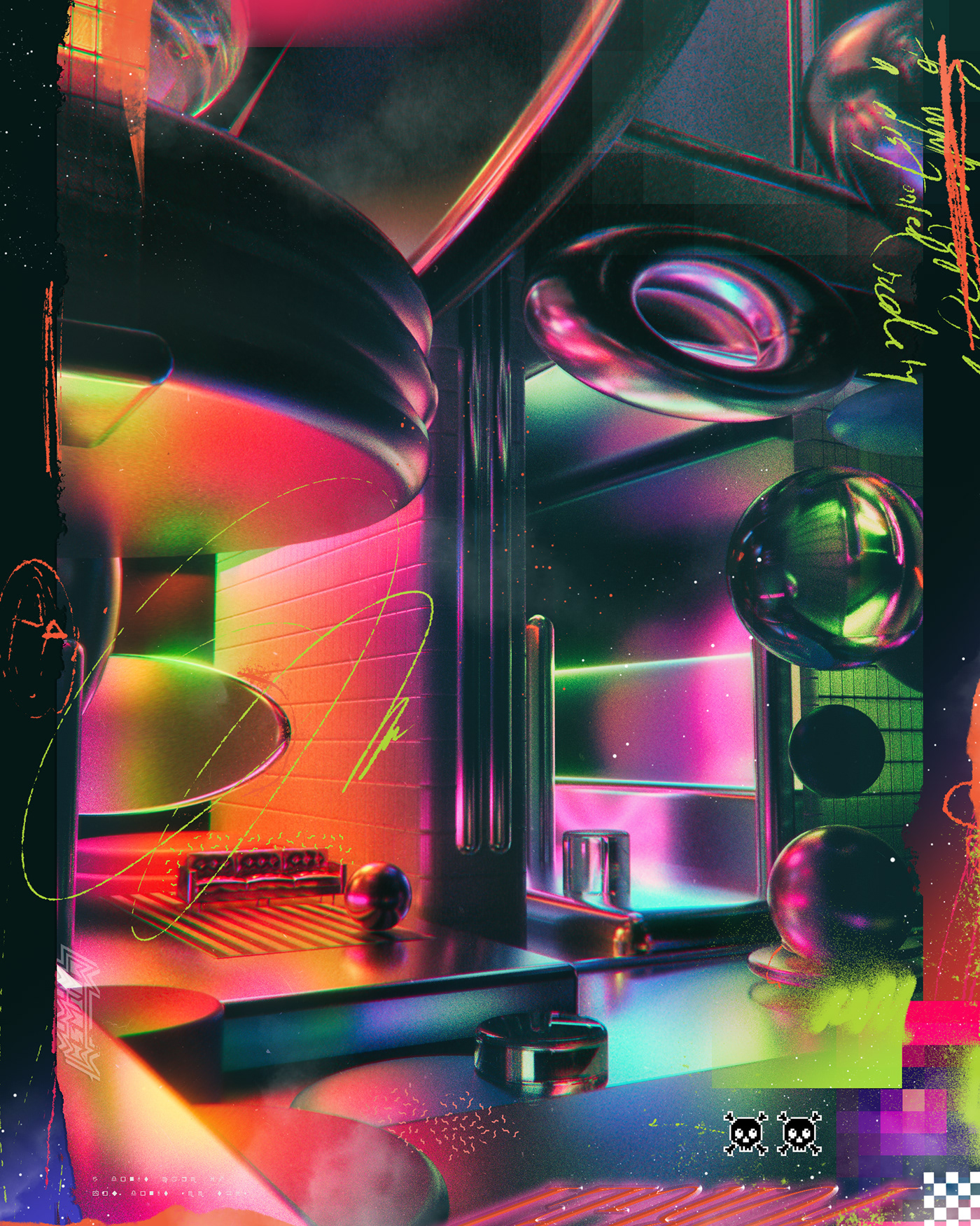 3D cinema 4d Retro retrowave grunge collage Render Synthwave 80s neon