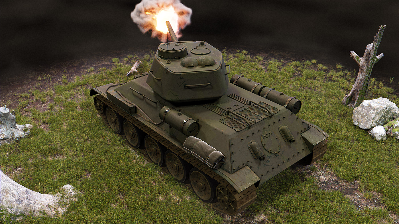 CGI blender 3D Tank environment fire grass army Vizualization War