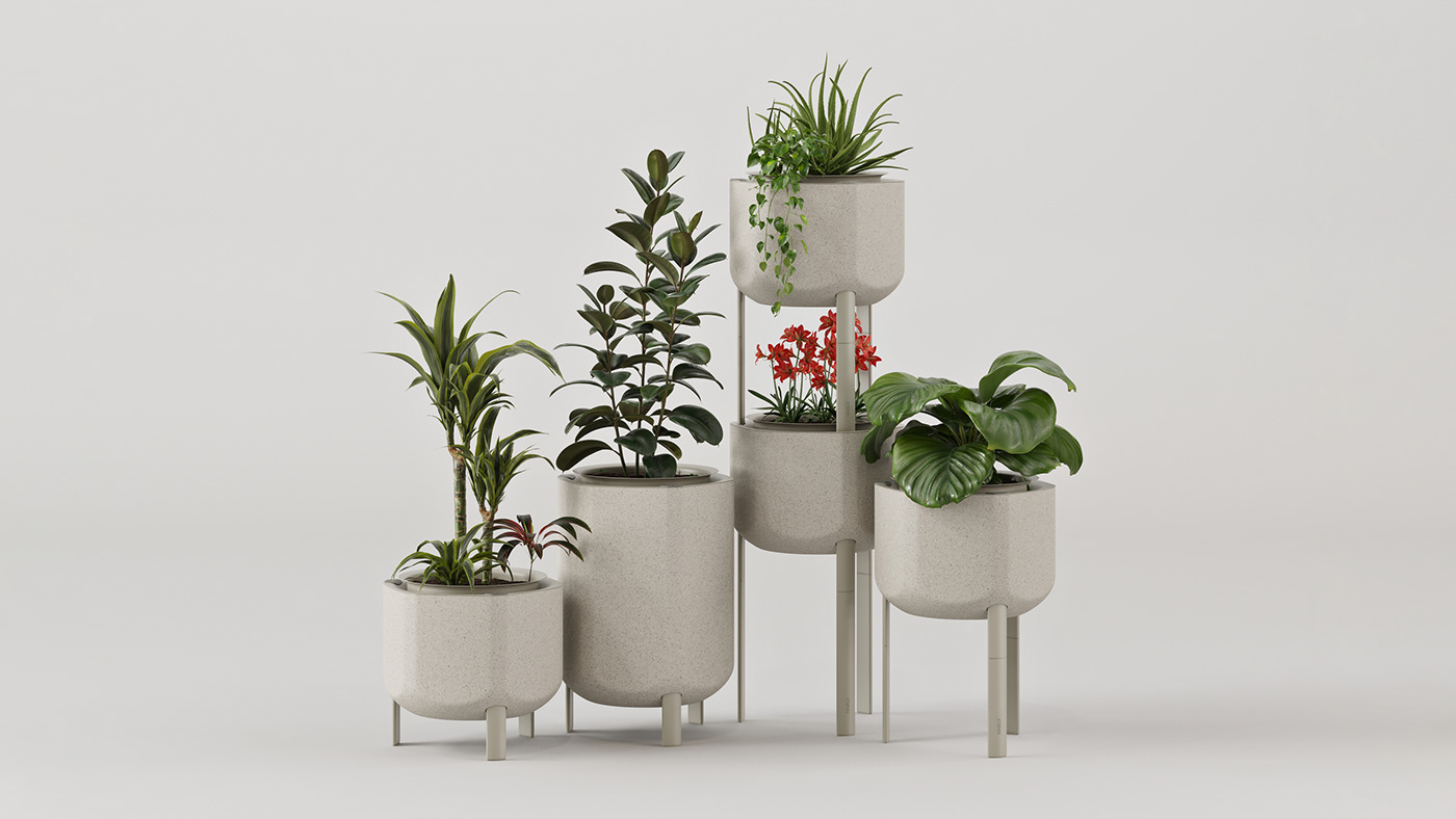 CGI Pottery Render sketch modular plants product design  system green RECYCLED