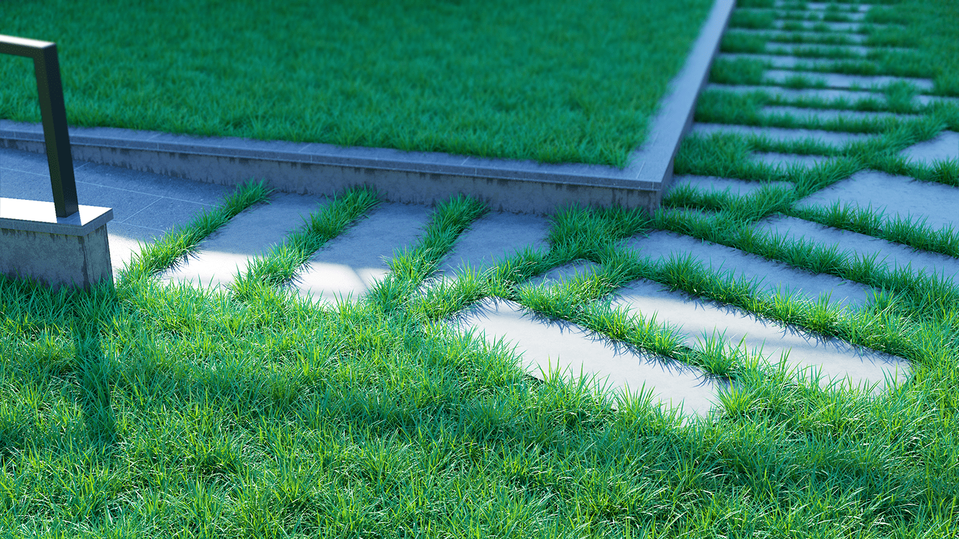3D concrette fres grass high ILLUSTRATION  poligonal realistic Render yard