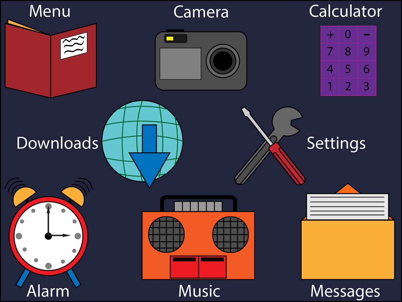 icons menu camera alarm messages clock settings downloads music calculator