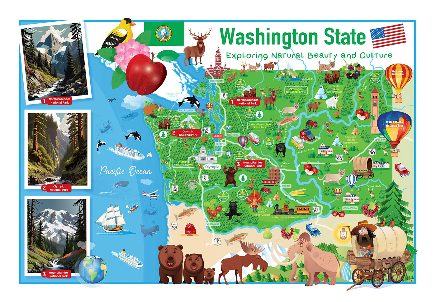 Washington State seattle tacoma vancouver united states bellevue Mount Rainier NP Olympic NP Spokane us state
