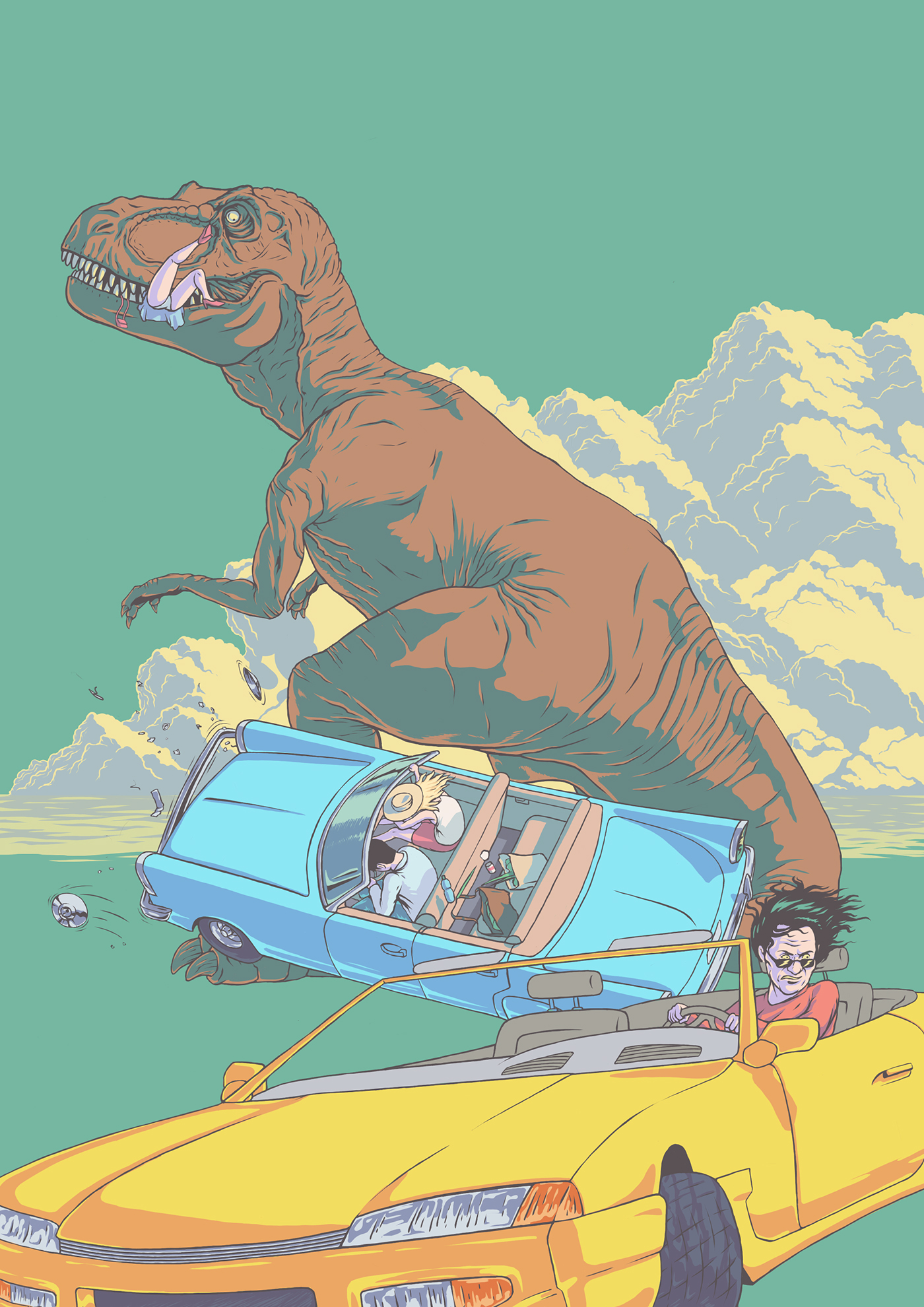 Dino dinosaurus t-rex Auto crash face fog MALIBU miami Terror