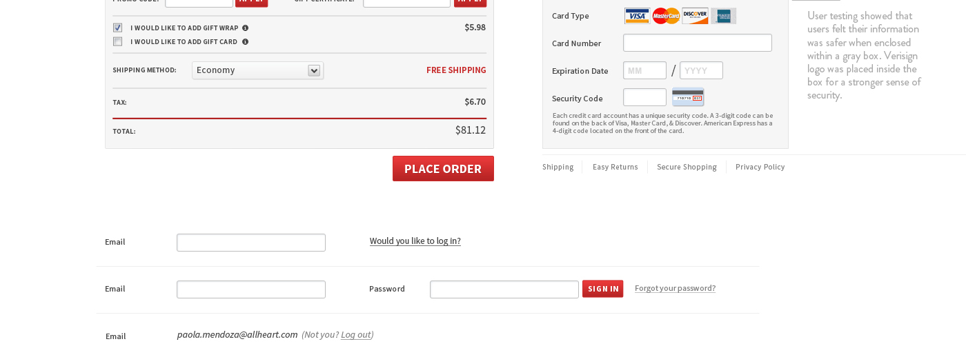 e-commerce checkout Single Page allheart payment verisign Secure billing shipping