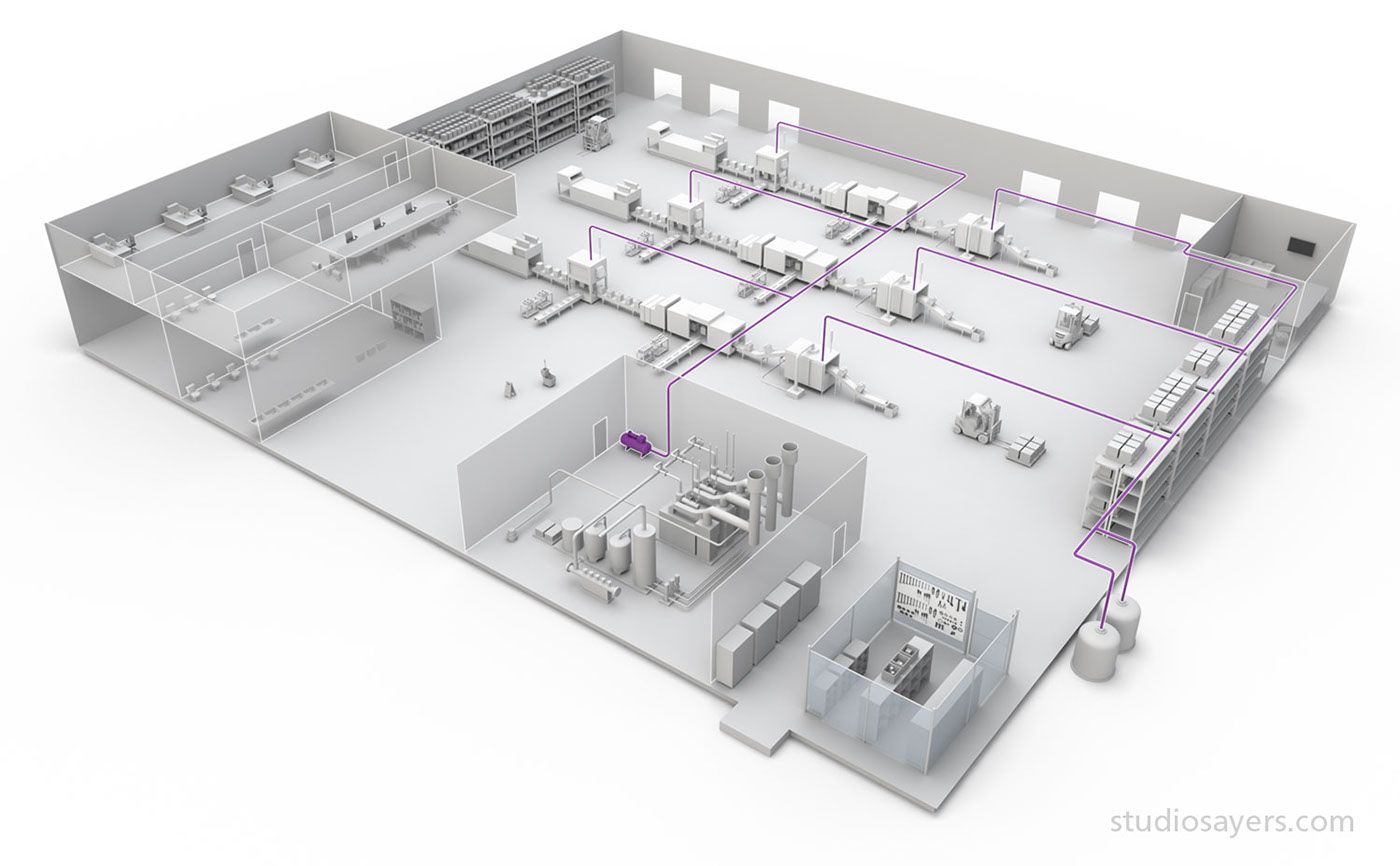 cutaway factory industrial 3D technical process diagram Ghosted