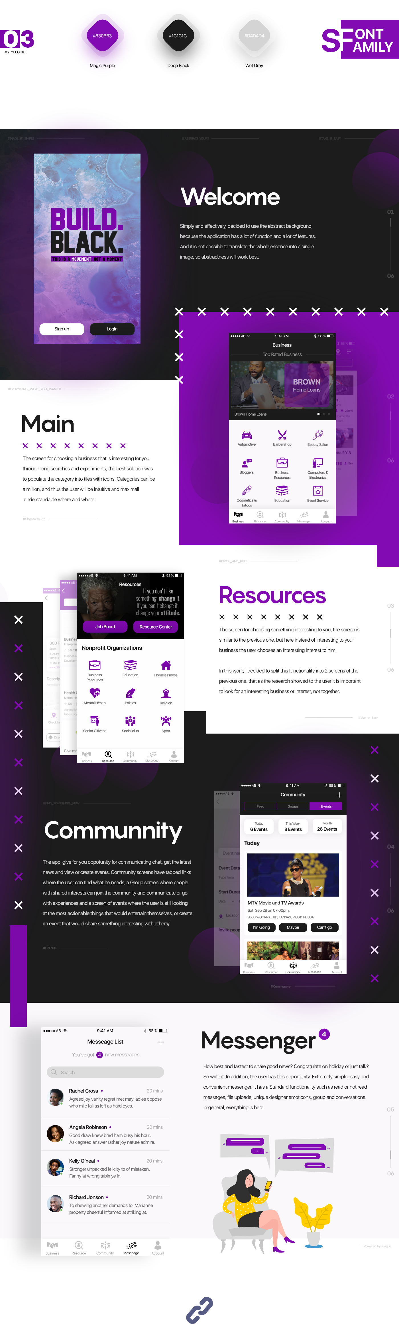 ux/ui social app ios design purple dark black