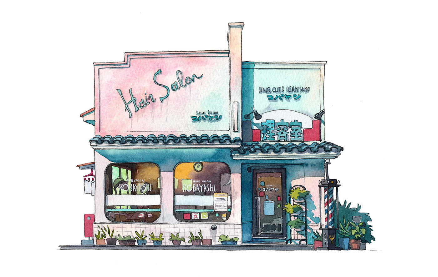 Adobe Portfolio Watercolours watercolour colorful japan tokyo Hand Painted Ghibli building shop
