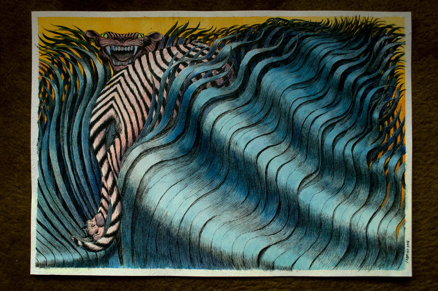 ILLUSTRATION  children tiger animal grass blades watercolors aquarelle crosshatch jungle