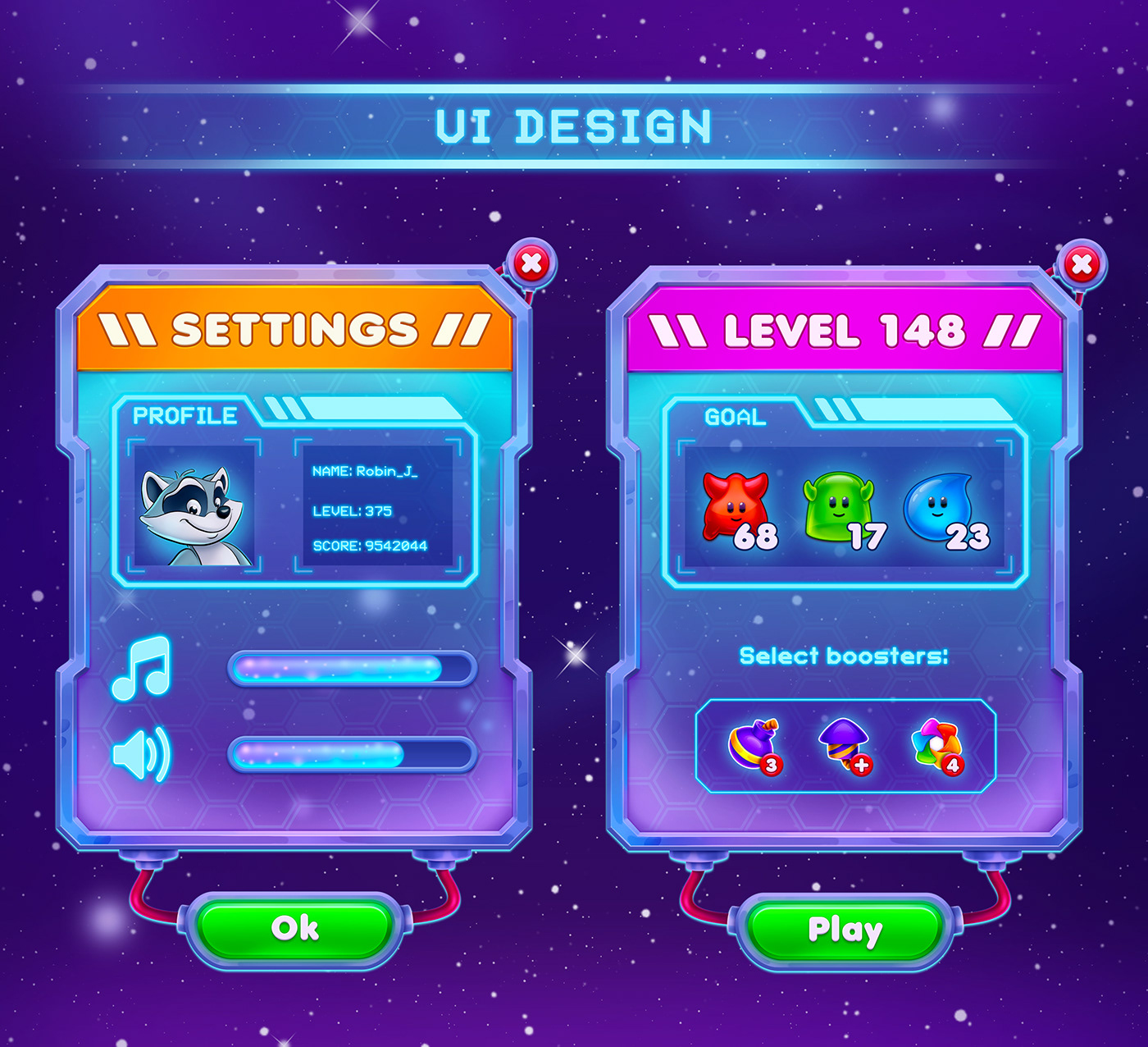 game ui design match-3 mobile game casual ui kit Space  alien cartoon casual game
