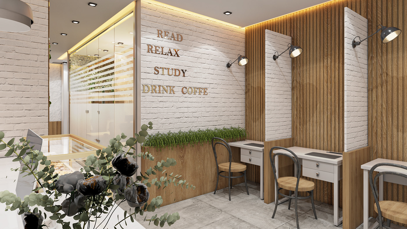 3D cafe interior design  modern Oman restaurant Saudi Arabia Study Corner study room visualization