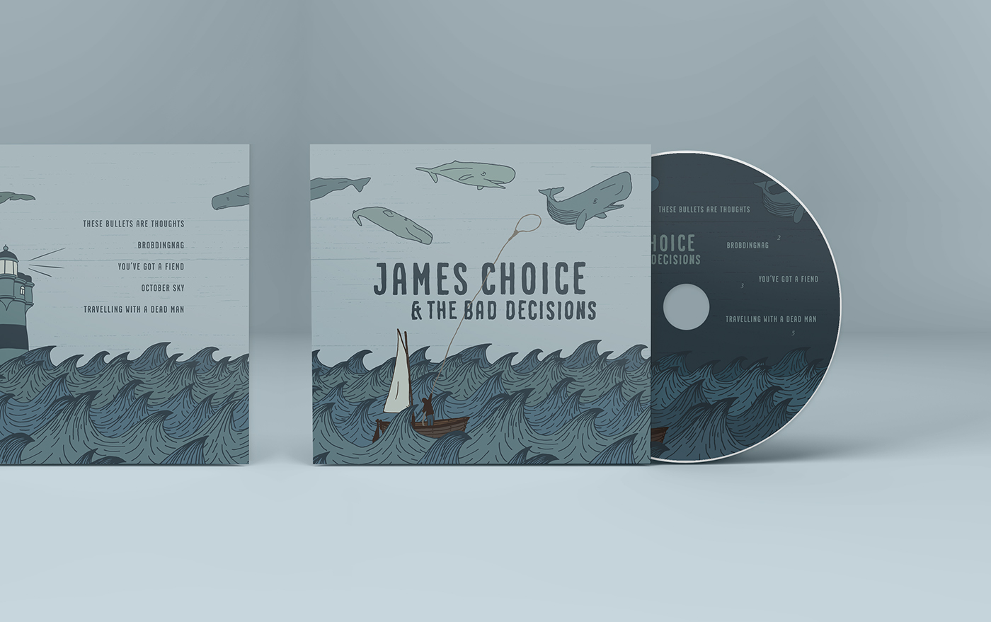 Adobe Portfolio cd artwork digipak sea whales blue lighthouse line art
