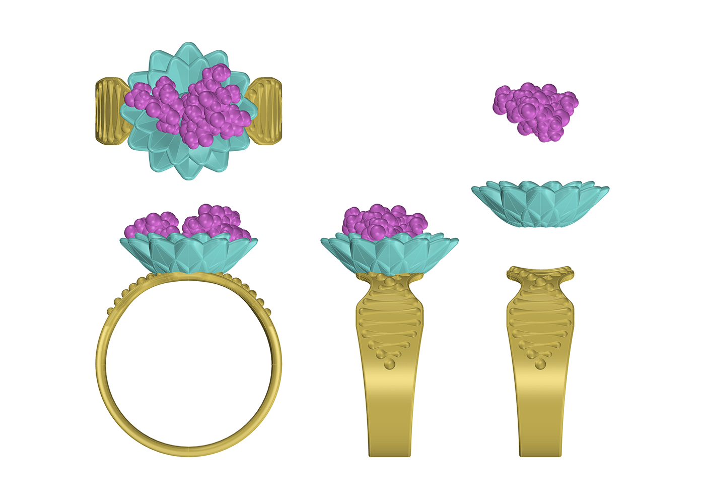 3D blossom castings DNA flower gold Lotus molecule oxytocin ring