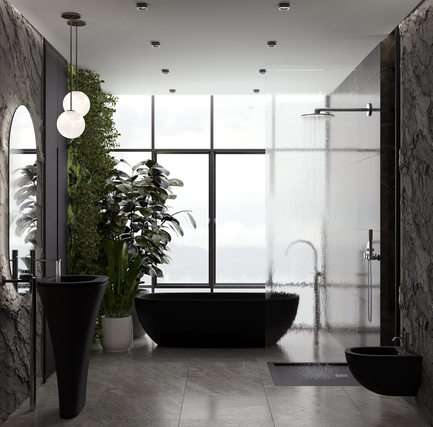 bathroom eco style Interior Visualization toilet greenery black bathroom interior design  Render corona CGI