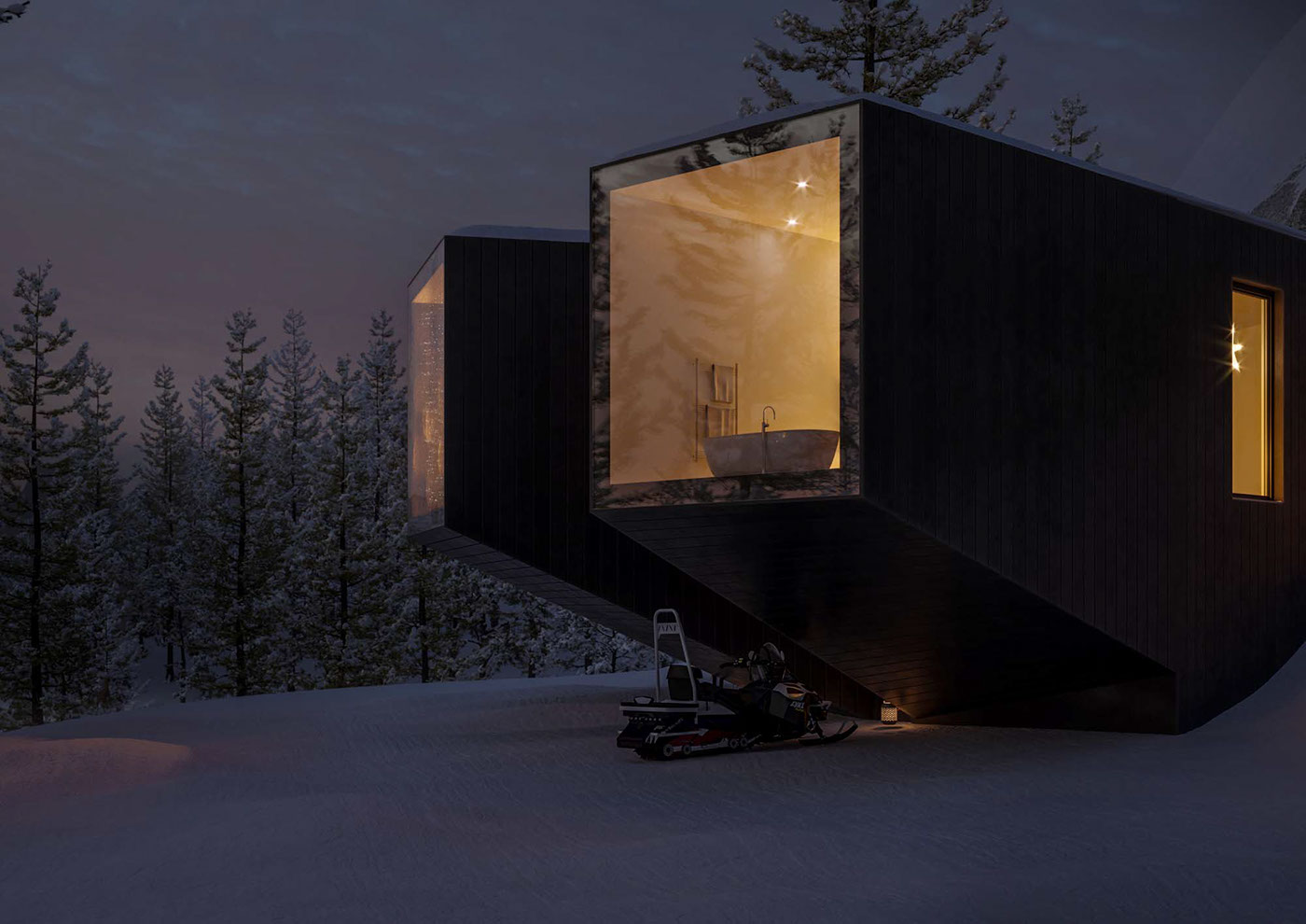 Ski winter lodge 3D archviz lichtecht architecture design Nature alps