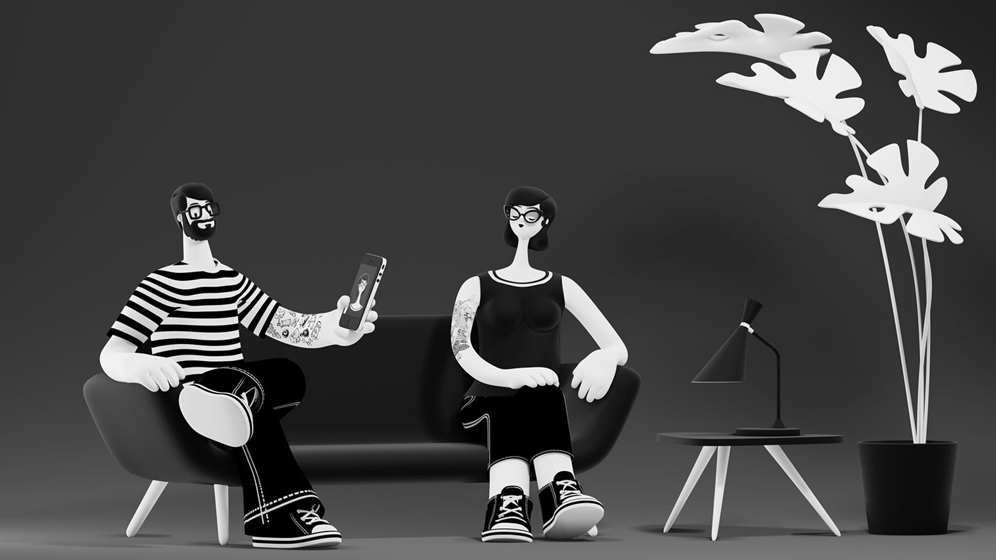 3D b&w black and white cartoon casual Character couple Mode Style stylish
