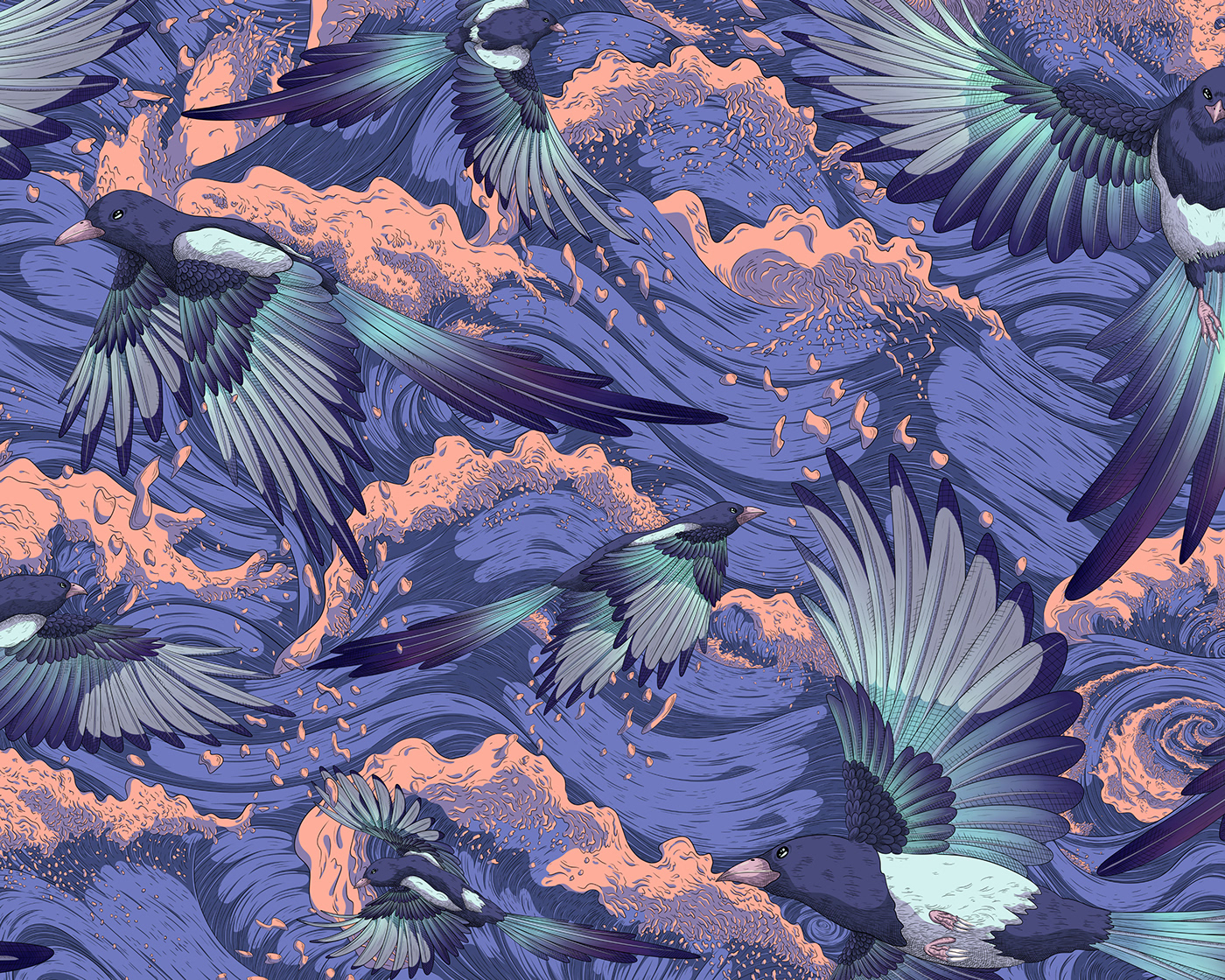 Illustration of a flock of blue magpie flying above a turbulent ocean.