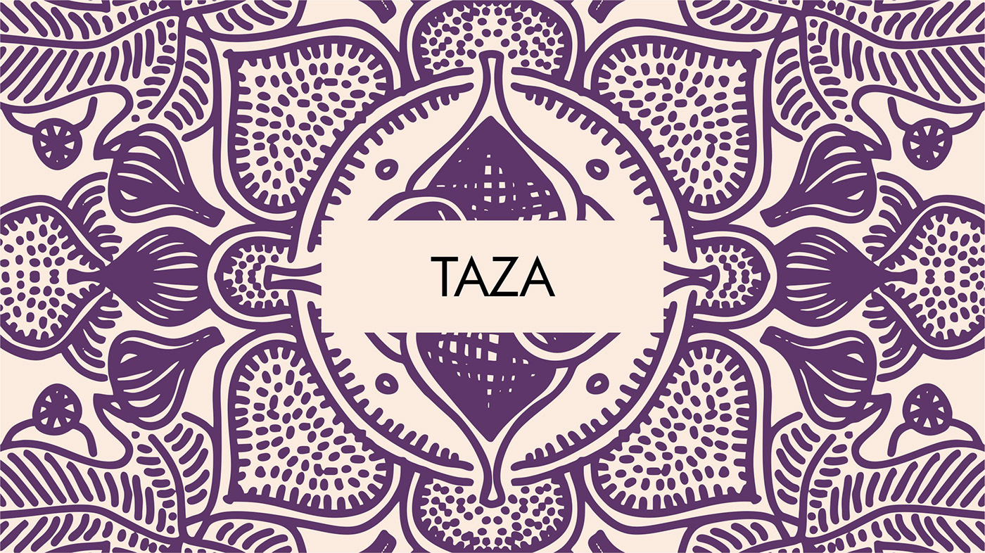 Purple ornamental illustration for "Taza", featuring figs