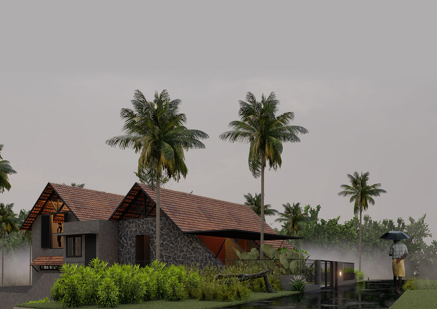 architecture Coconut kerala rainyday Residence visualisation
