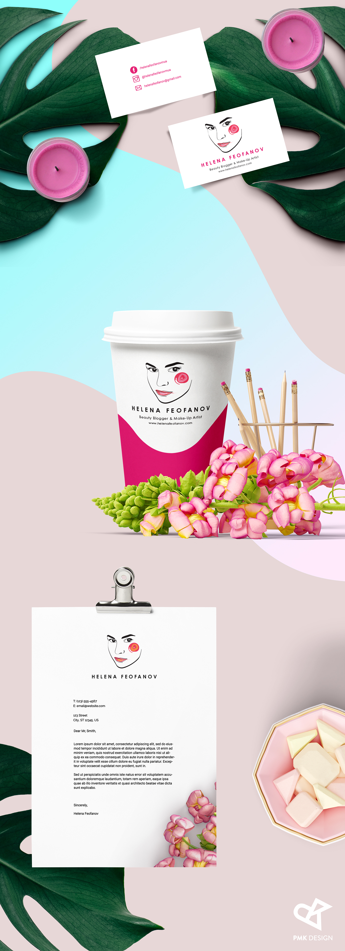 business card branding  brand identity beauty blogger pink floral feminine logo