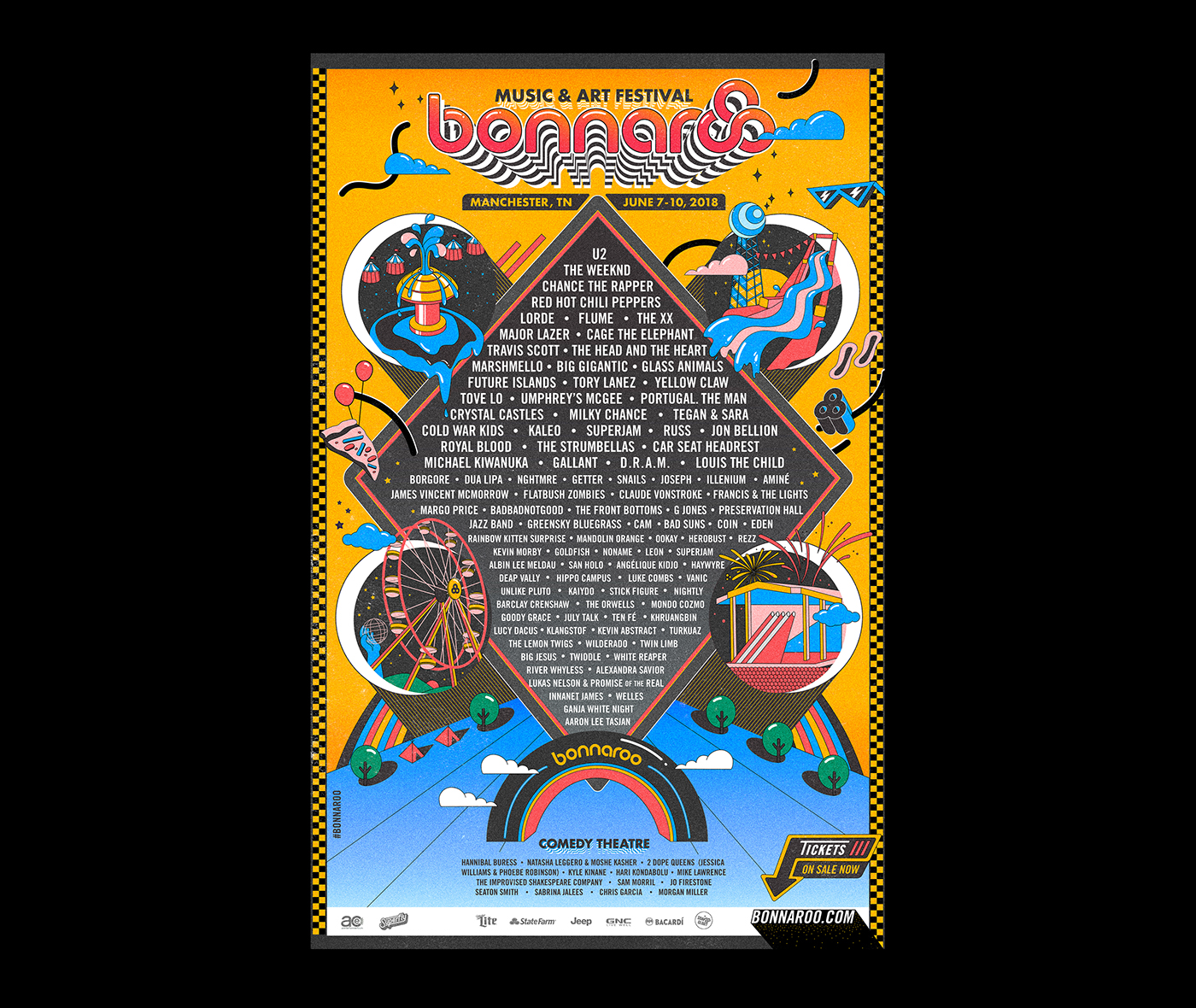 bonnaroo festival music poster design ILLUSTRATION  Fun festive lineup bands