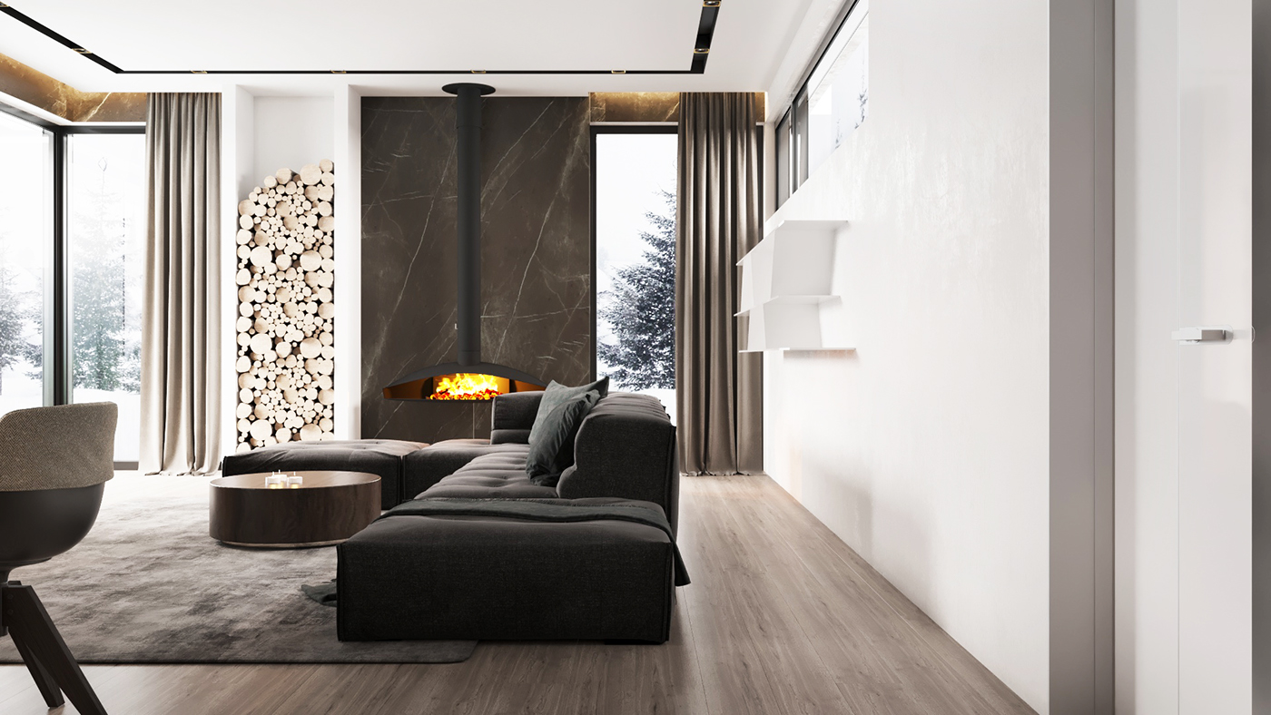 Project 3dsmax caronarender fireplace living dining kitchen luxury B&B