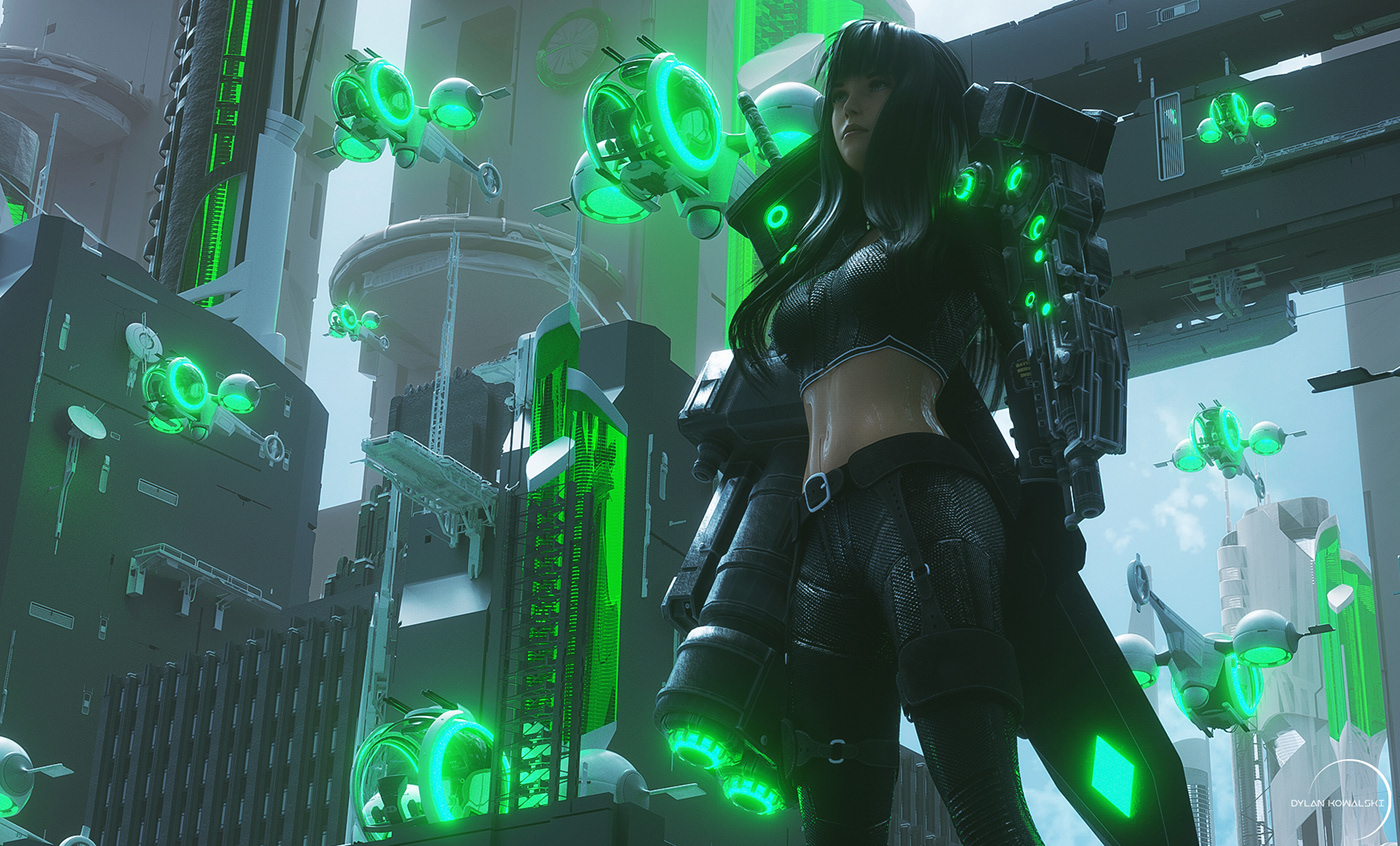 green girl android robotic battle city 3D octane c4d ILLUSTRATION 