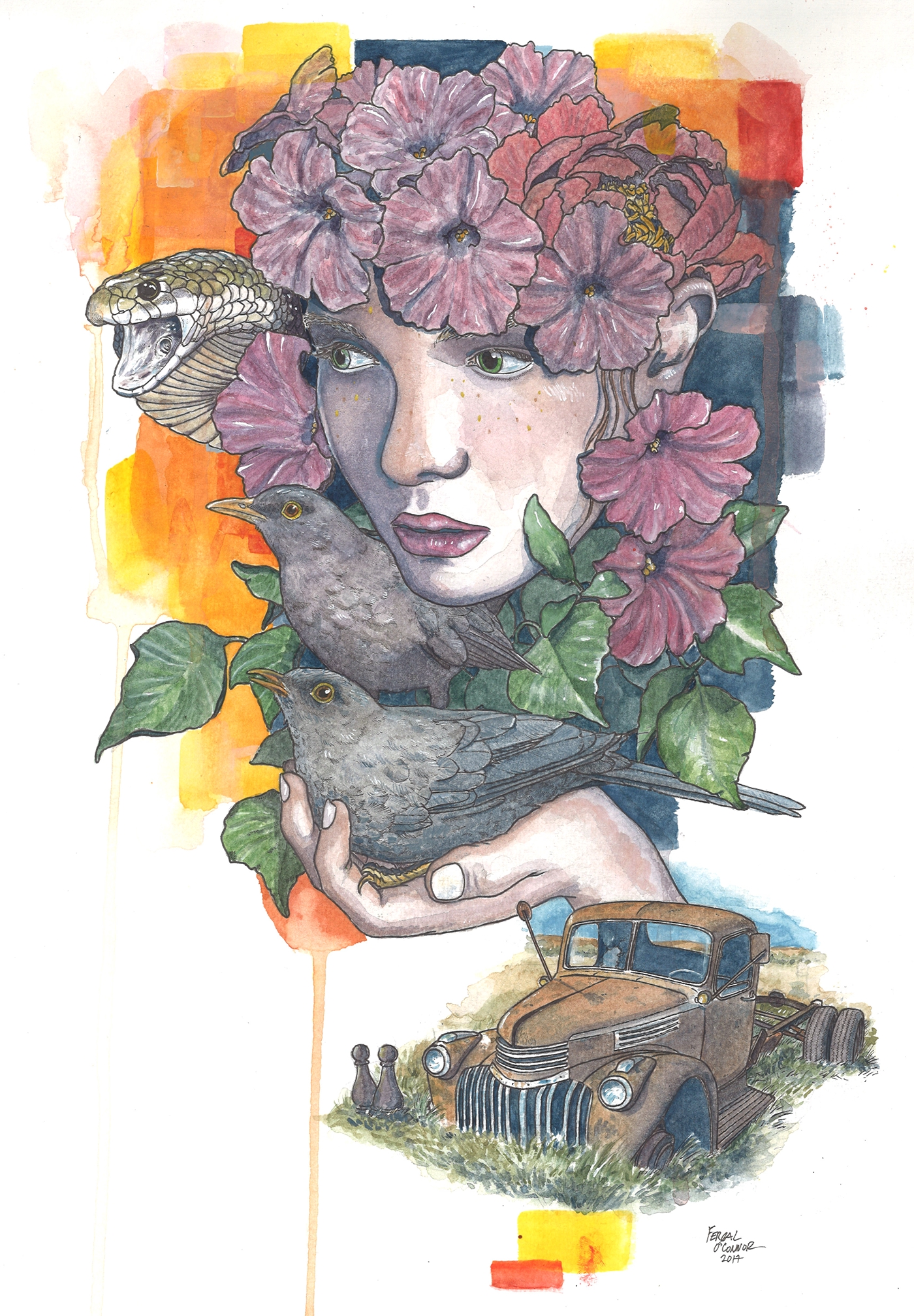 watercolour gouache Drawing  Nature birds Truck old girl portrait surreal
