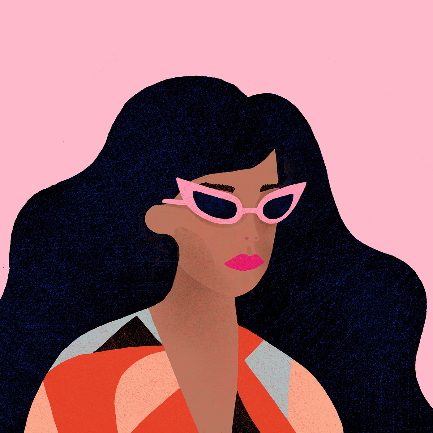 An illustrated editorial fashion portrait of a woman with long black hair and patterned top.