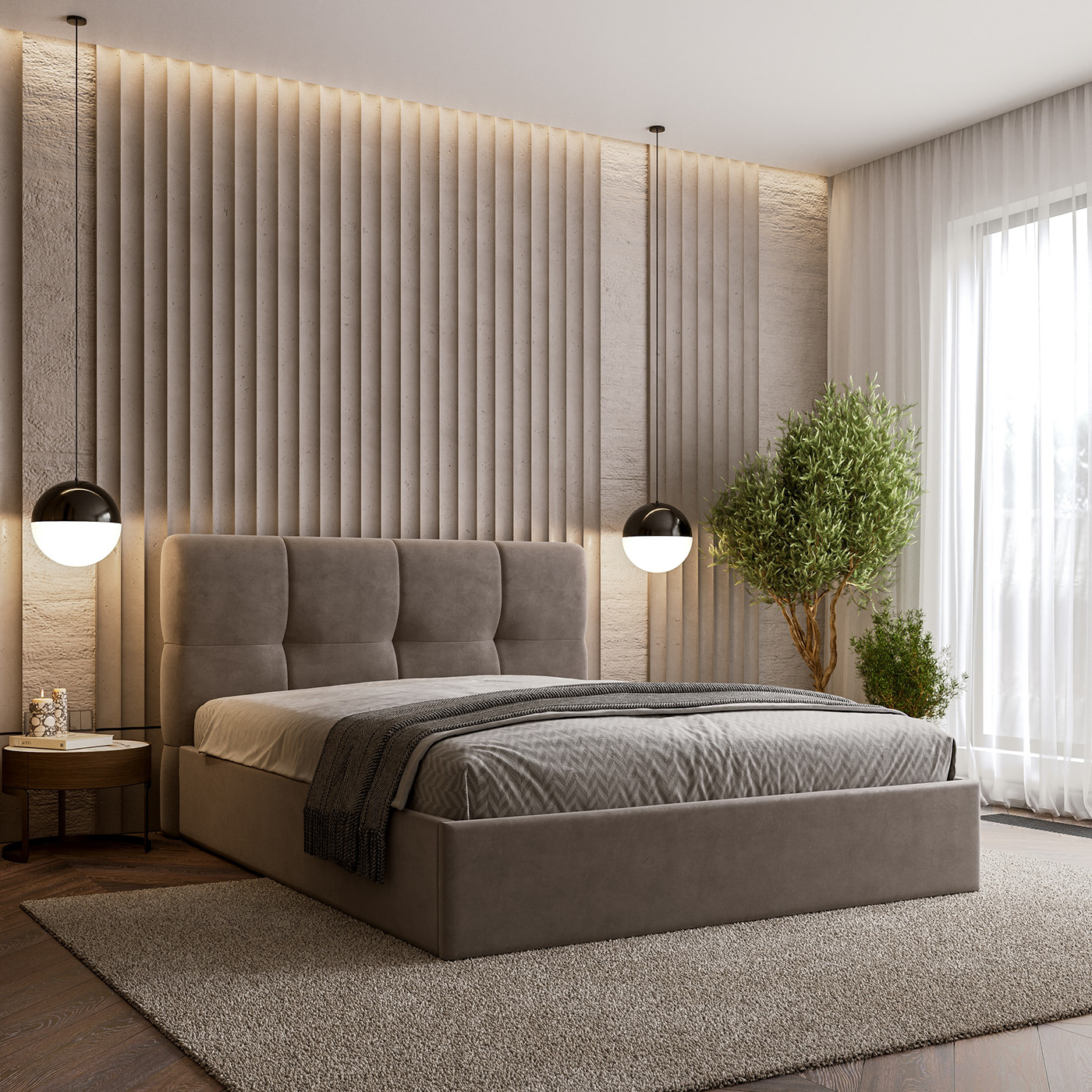 modern elegant comfortable large focal point Bedroom interior 3D Visualization interior design  Plush Grey Headboard Textured Bedding