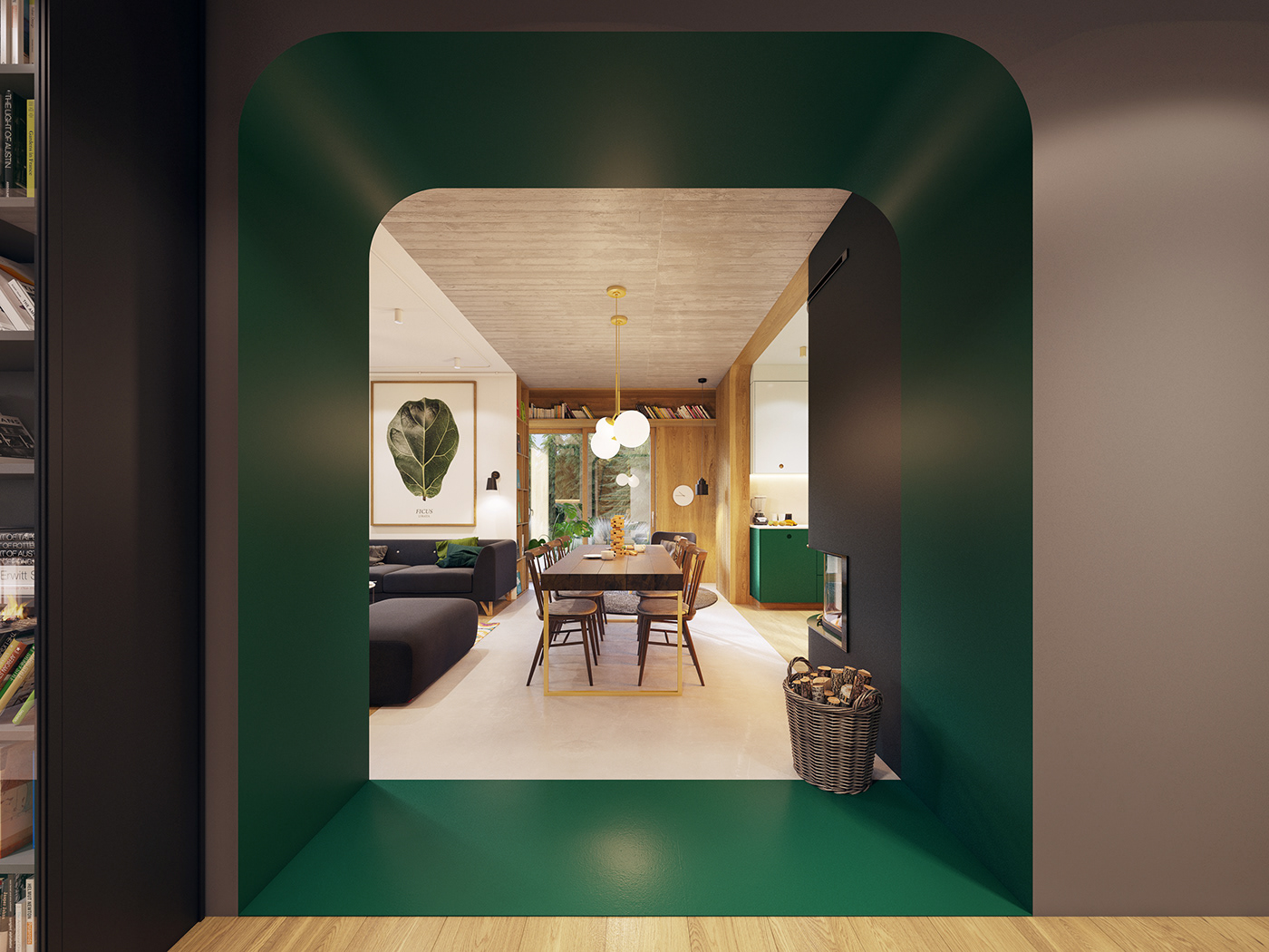 Interior modern cosy green wood minimal gold futuristic