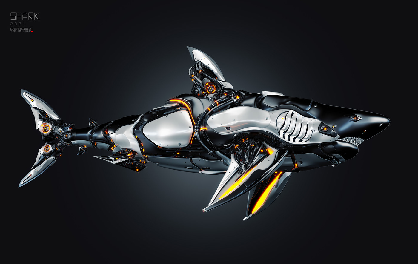agressive concept art Cyborg fish hunter predator robotic sci-fi shark steel