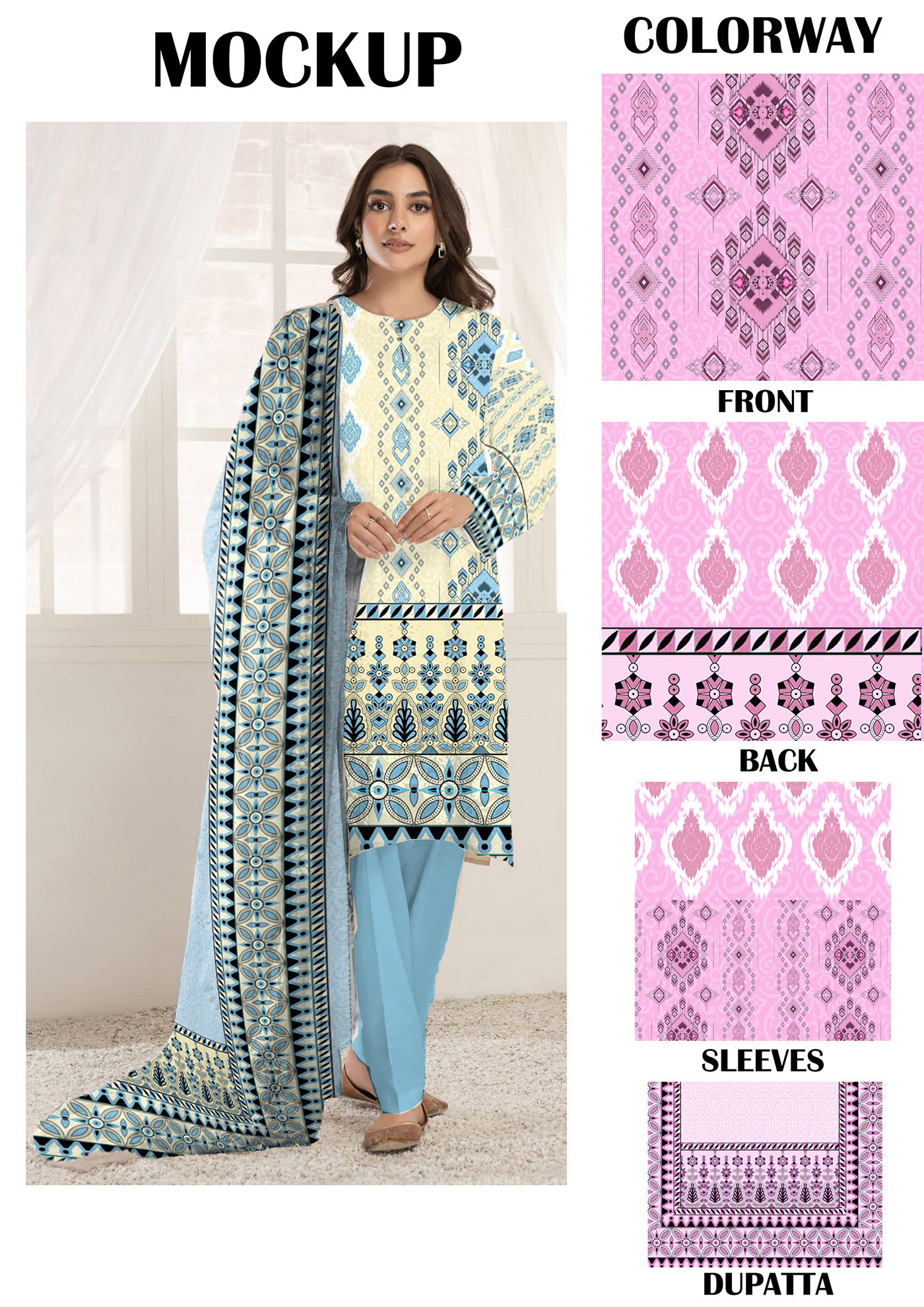 summer cool blue pattern textile flatbed digital Fashion  ikkat pattern (fashion design)