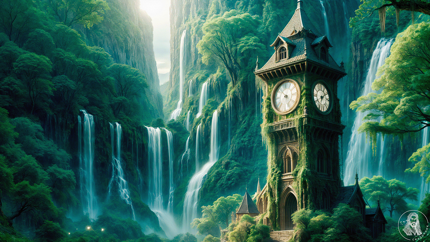 clocks Castle jungle waterfall ruins 3840x2160 wallpaper ai Ai Art stable diffusion