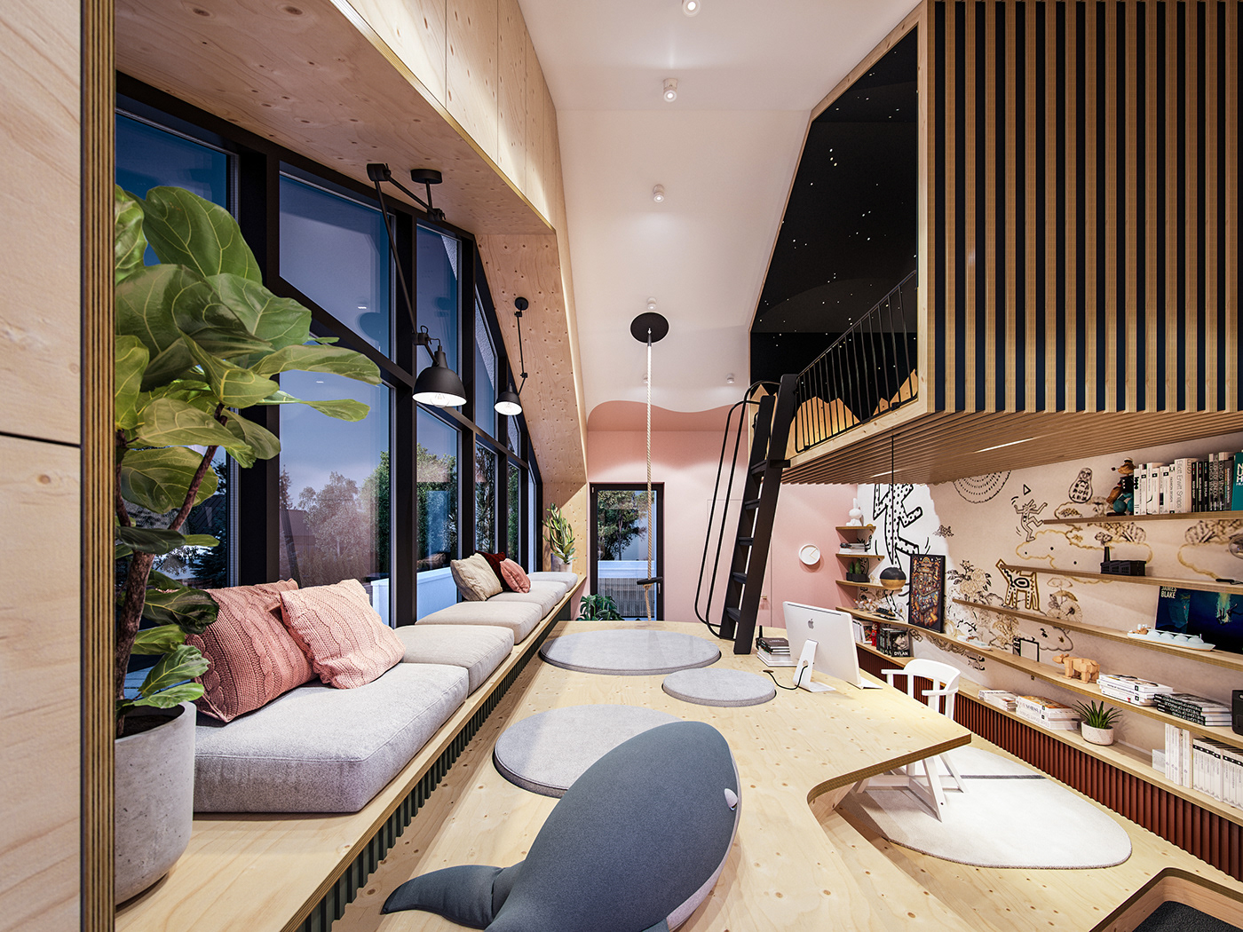 Interior cosy design wood modern minimal luxury stone dark child