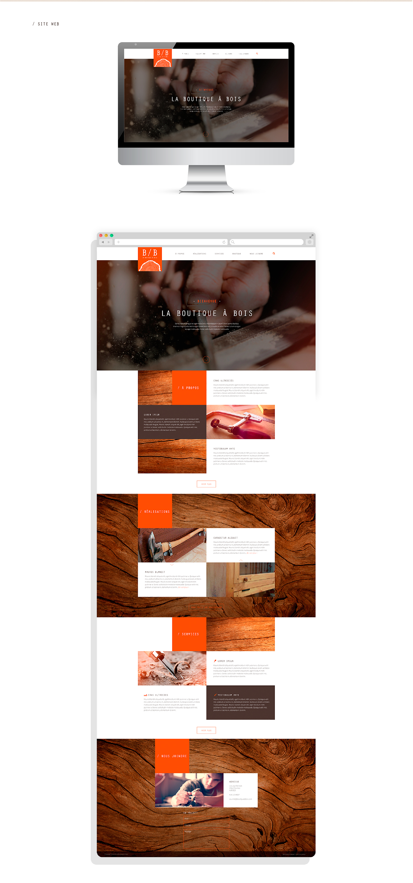 wood ébéniste ébénisterie Website site web logo tronc arbre bois Outils orange texture cabinetmaker