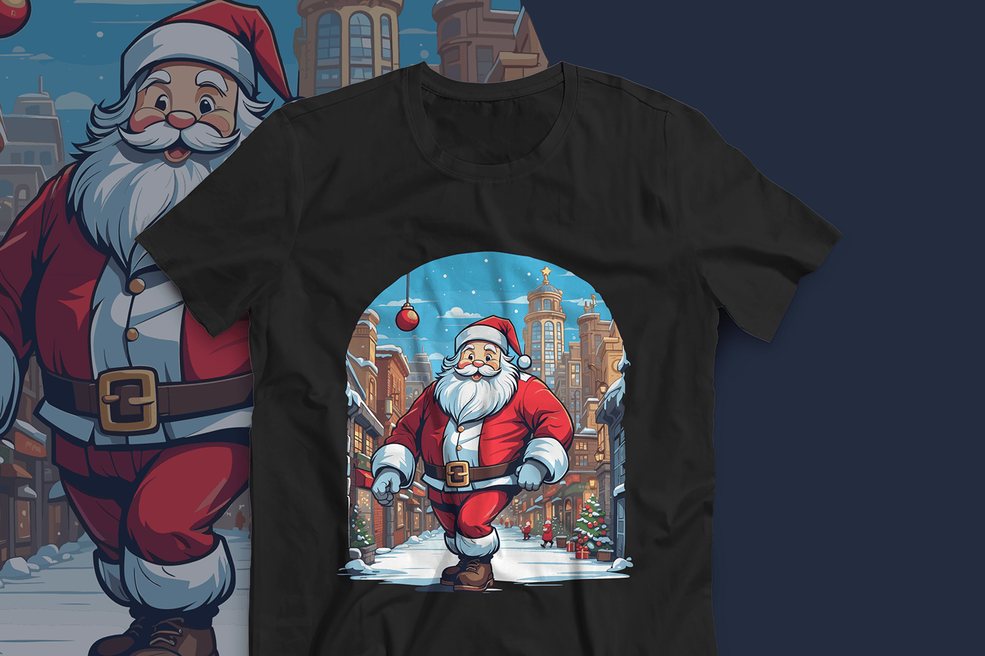Santa Claus Christmas city comic art T-Shirt Design ILLUSTRATION  EPS vector