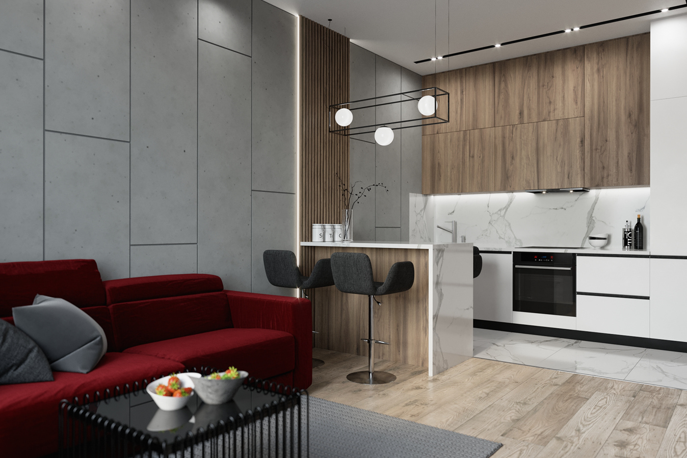 3dsmax corona design Interior designinterior Render wood White kitchen livingroom