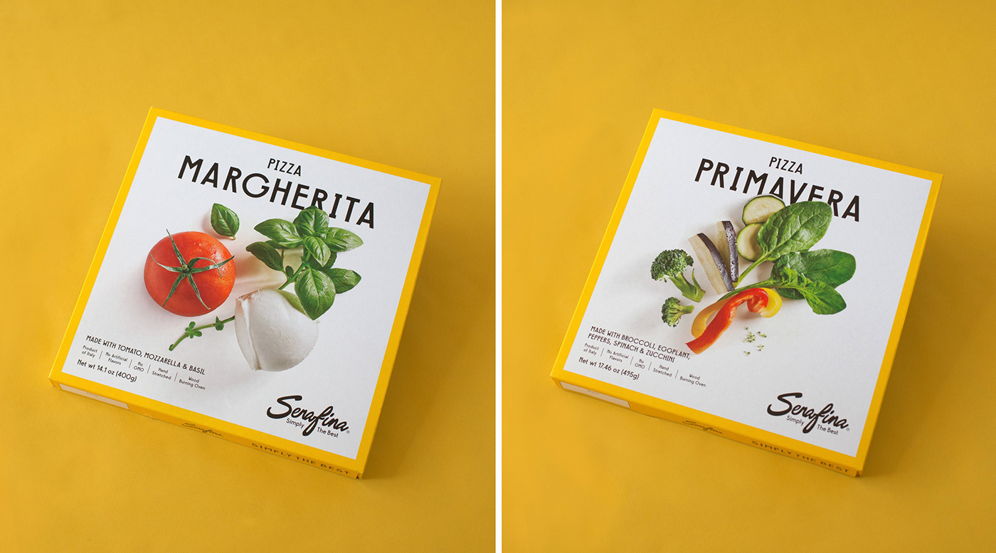 Packaging design Serafina Pizza Still Photography art direction  New York Photography  Food Packaging