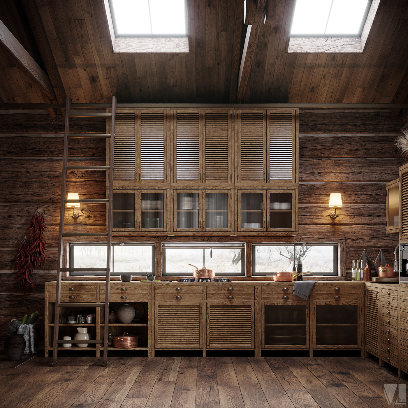 3dmax CoronaRender  kitchen design visualization VizLine Studio LOFT Сhalet photoshop furniture