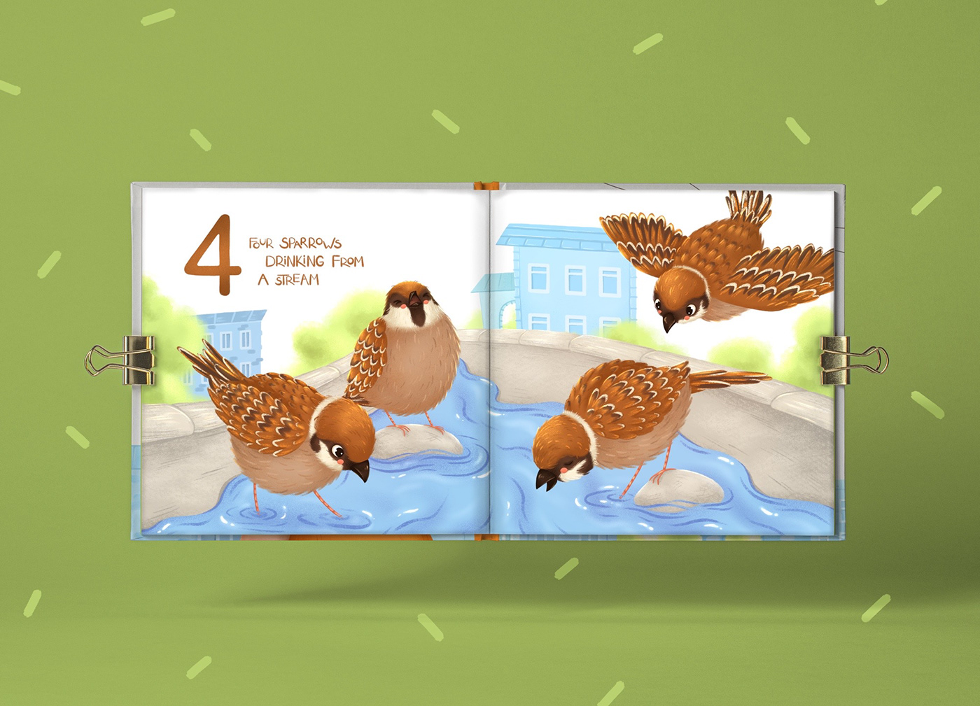 Children's book illustration. Four sparrows