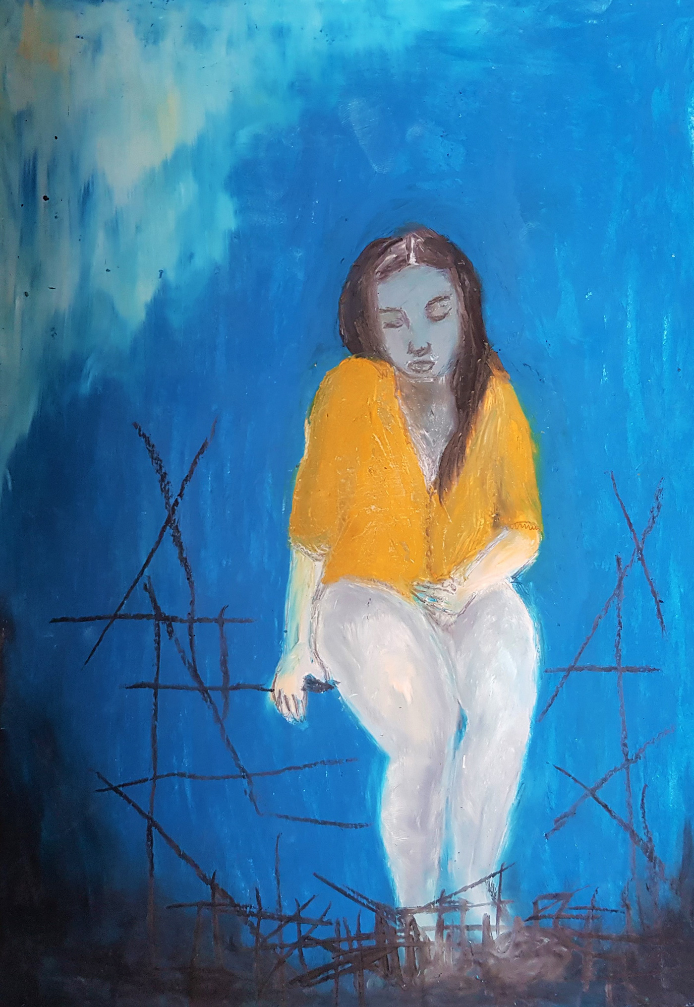 blue pensative portrait think woman