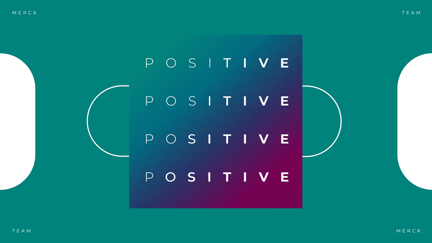 Positive repeated type graphic on gradient color fill with pill shapes
