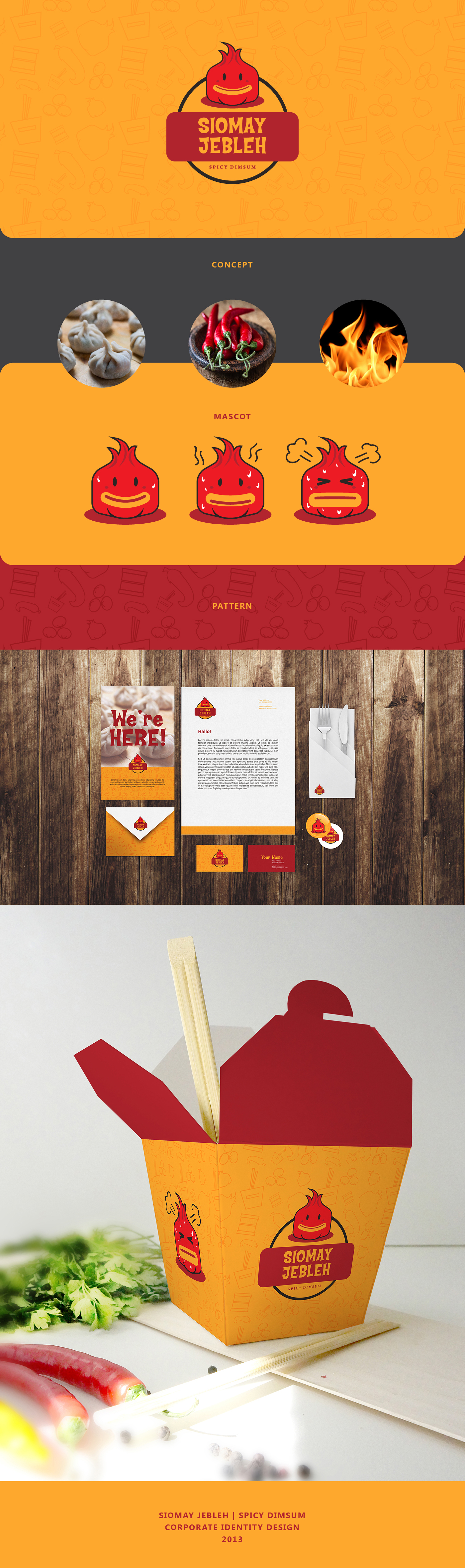 dimsum Food  brand brand identity visual identity Stationery spicy red Hot spicy food Mascot Illustrative cute