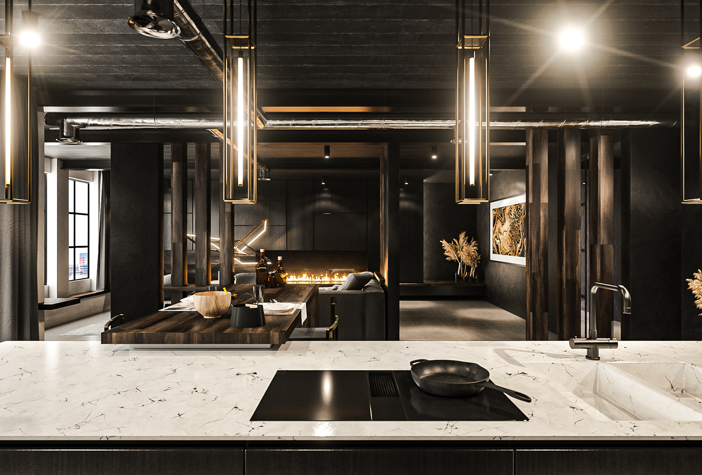 3D architecture black cinema 4d gold Interior LOFT luxury octane visualisation