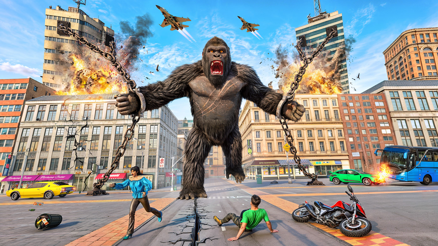 gorilla Dinosaur Hunting shooting King Kong monster CGI Render City Rampage destruction