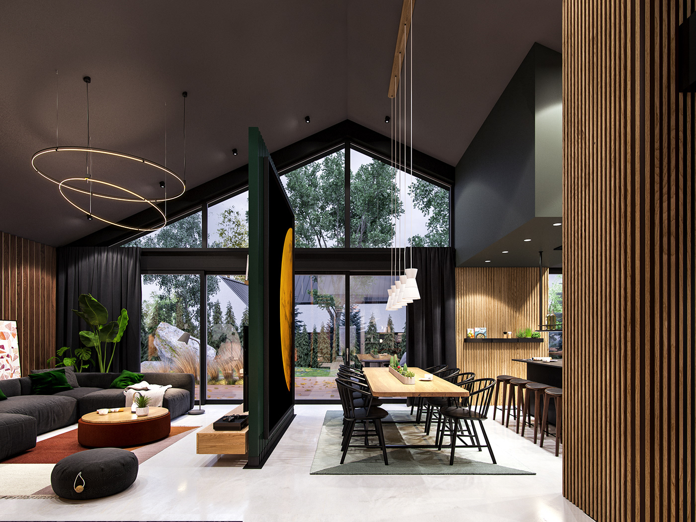 Interior design concrete green pouder living kitchen modern bedroom