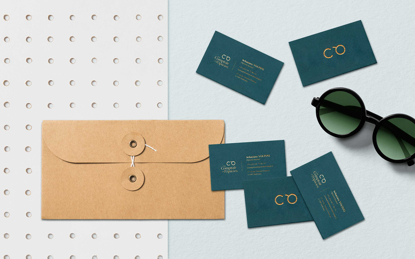 Optician optic logo glasses green copper letterpress uncluttured branding  france