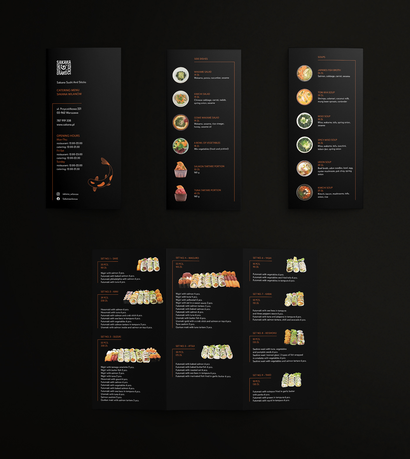 Trifold brochure design for Sakana Wilanów sushi restaurant.