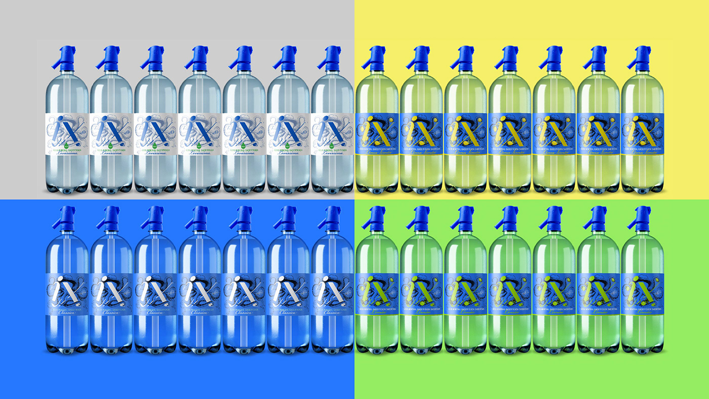 water octopus blue Packaging bottle Label product Água IX grupo ix sparkling