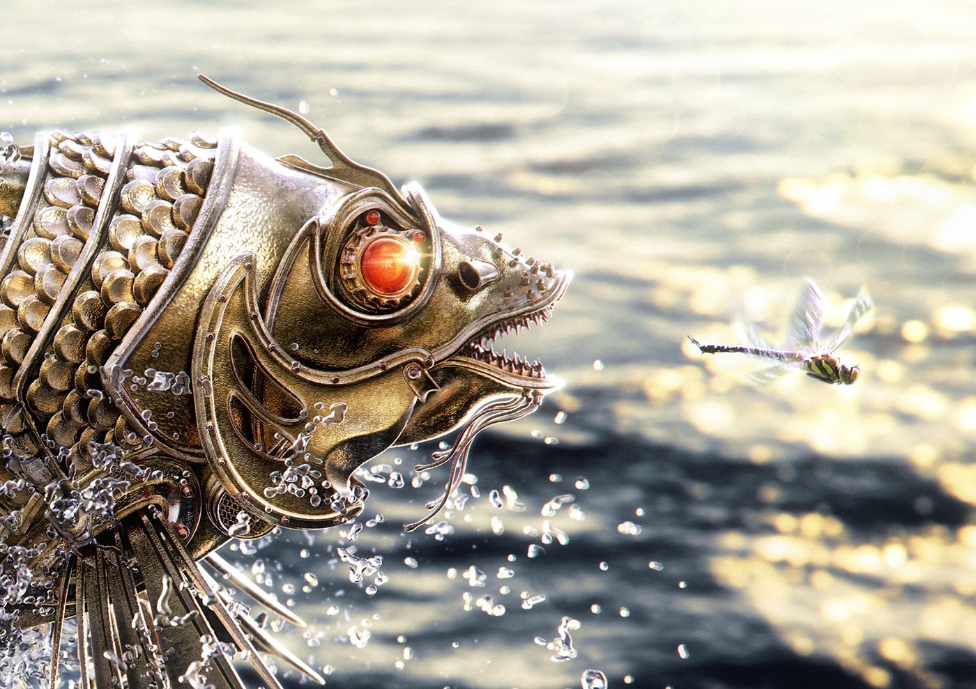 Render concept fish gold goldfish water splash metal STEAMPUNK Maya